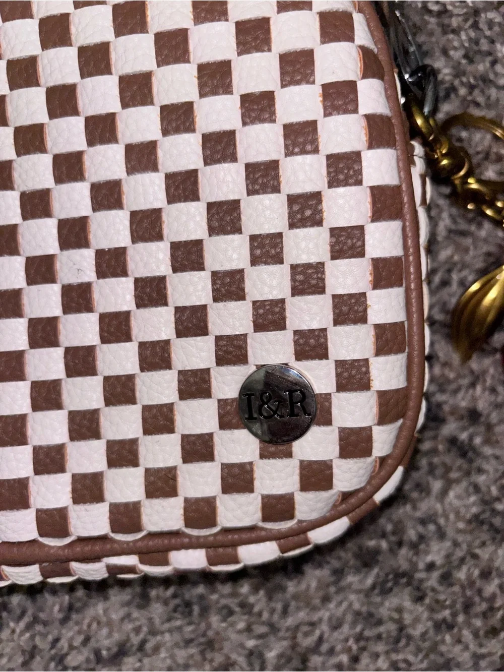 Women’s Checker Crossbody Bag in Brown and White with Adjustable Strap